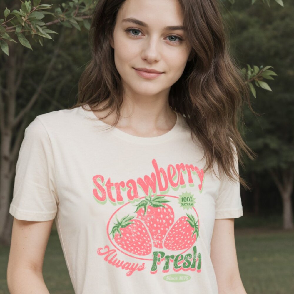 Retro Fruit Graphic "Always Fresh" Strawberry Shirt, Cute Farmer's Market Strawb